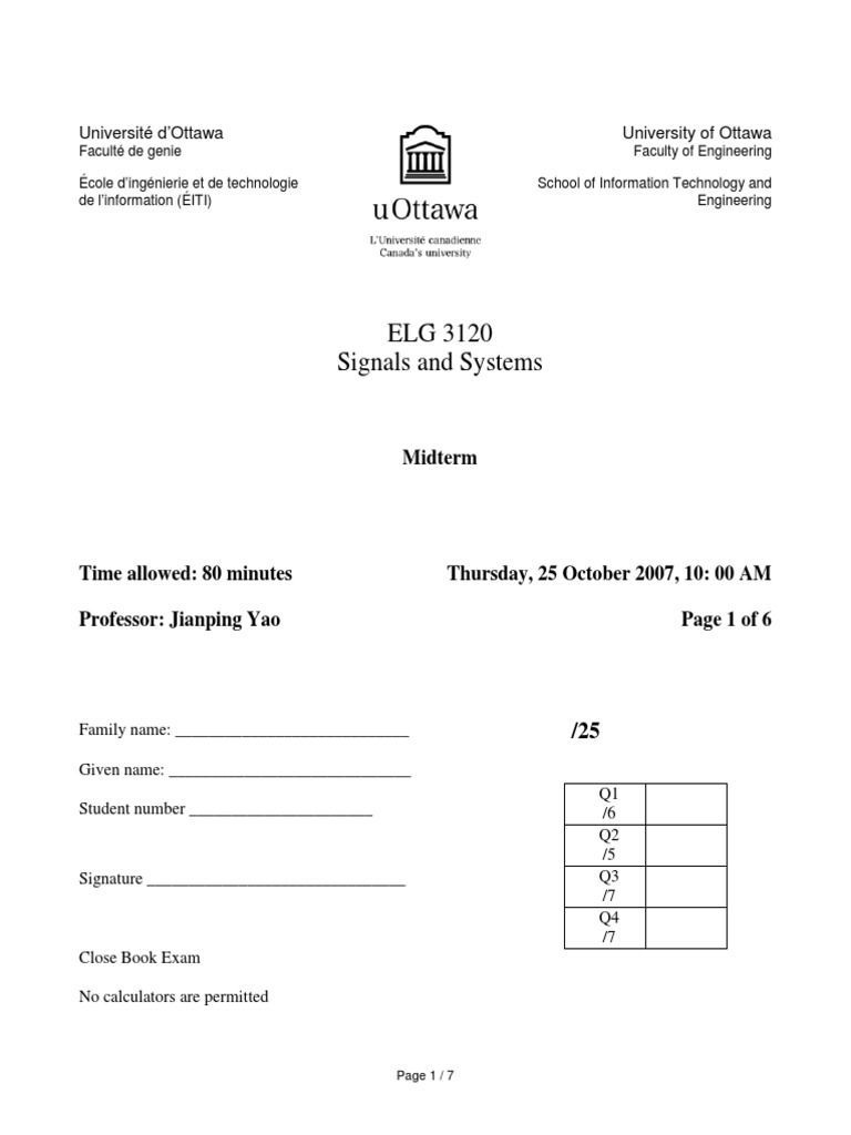 Signals and Systems Midterm Exam | PDF | Mathematical Analysis ...