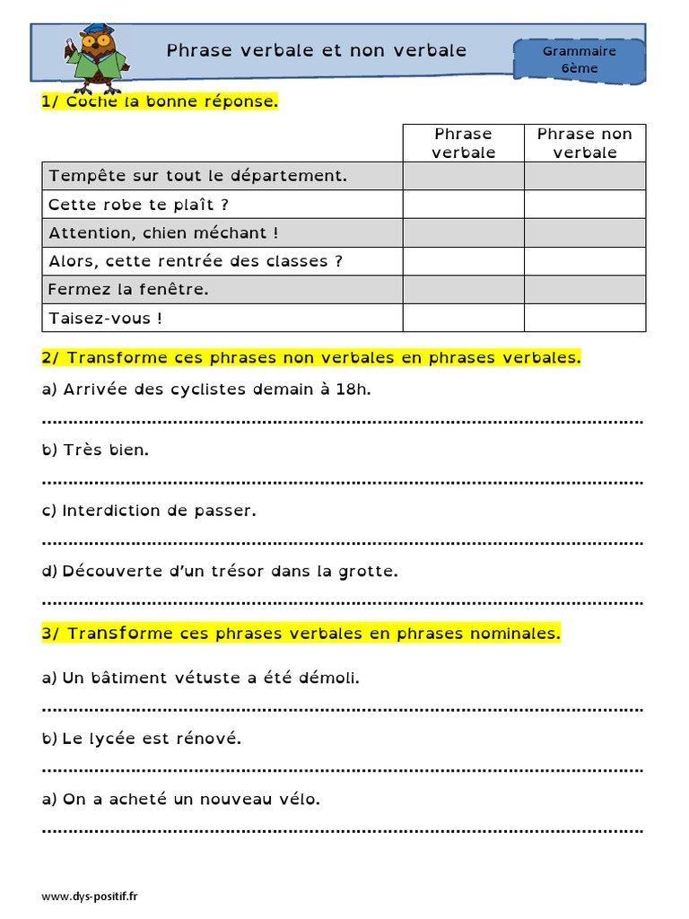 Exercice Phrase Verbale Et Nominale Exercices Phrase Verbale Et Non Verbale | PDF