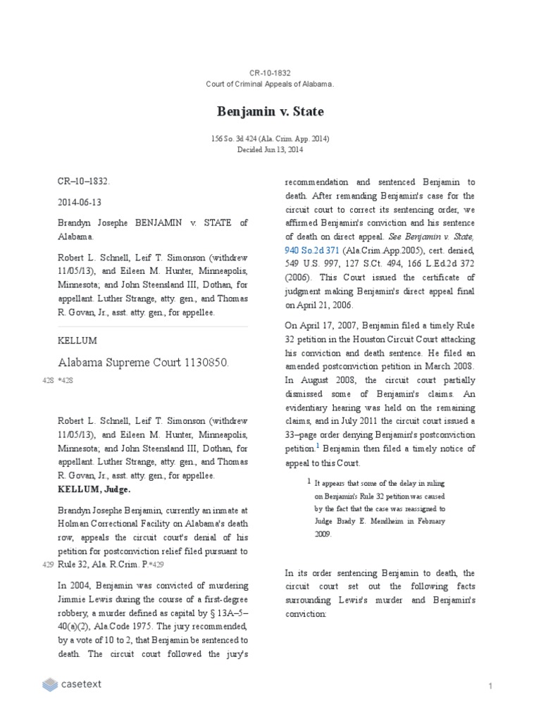 Benjamin v. State PDF Batson V. Kentucky Ineffective Assistance