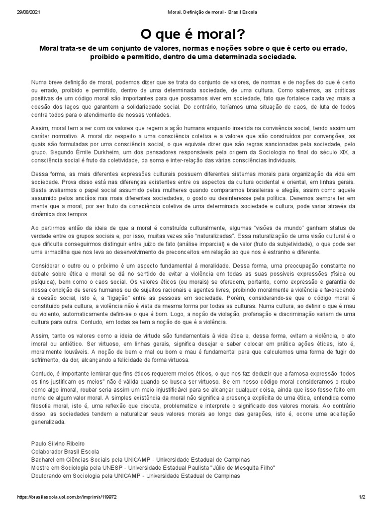 Definição de Moral e Seus Conceitos | PDF | Moralidade | Sociologia