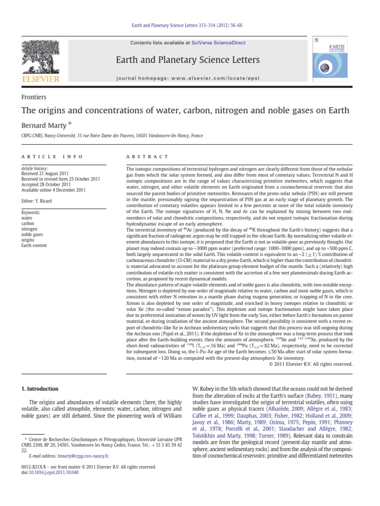 Earth and Science Letters Bernard Marty PDF Magma Earth