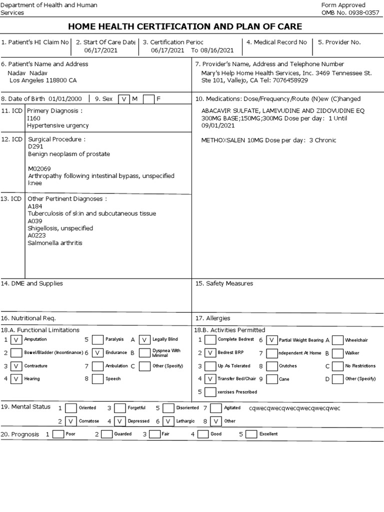 Home Health Certification and Plan of Care  PDF  Social Security 