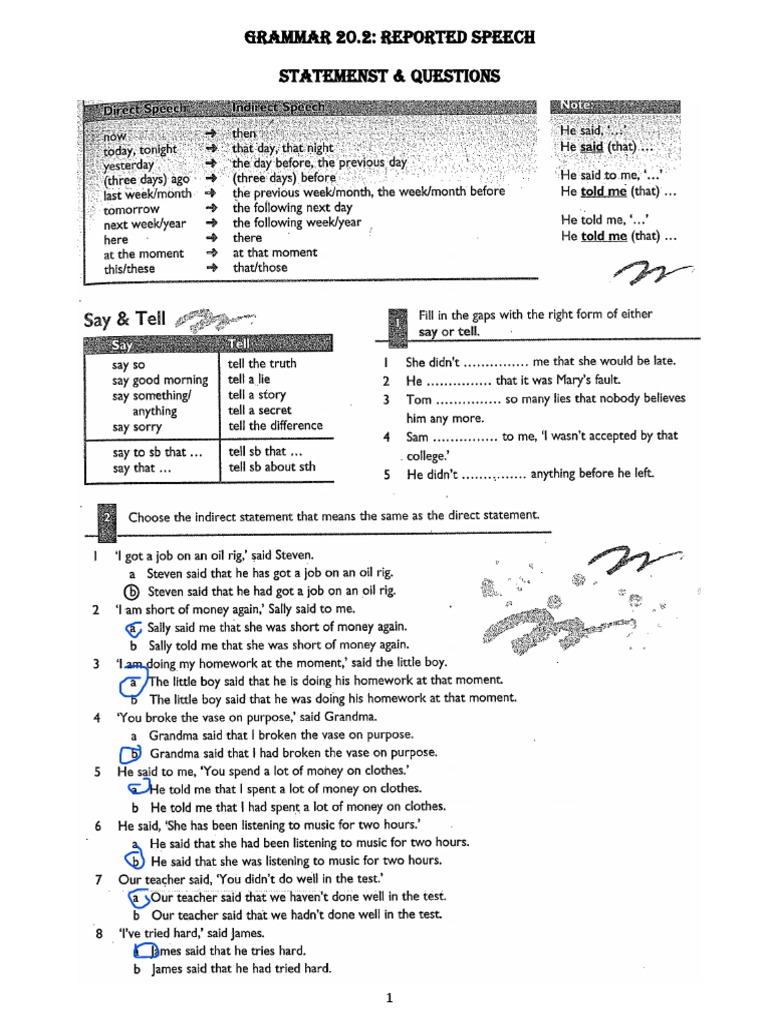 GRAMMAR 20.2: Reported Speech Statemenst & Questions | PDF