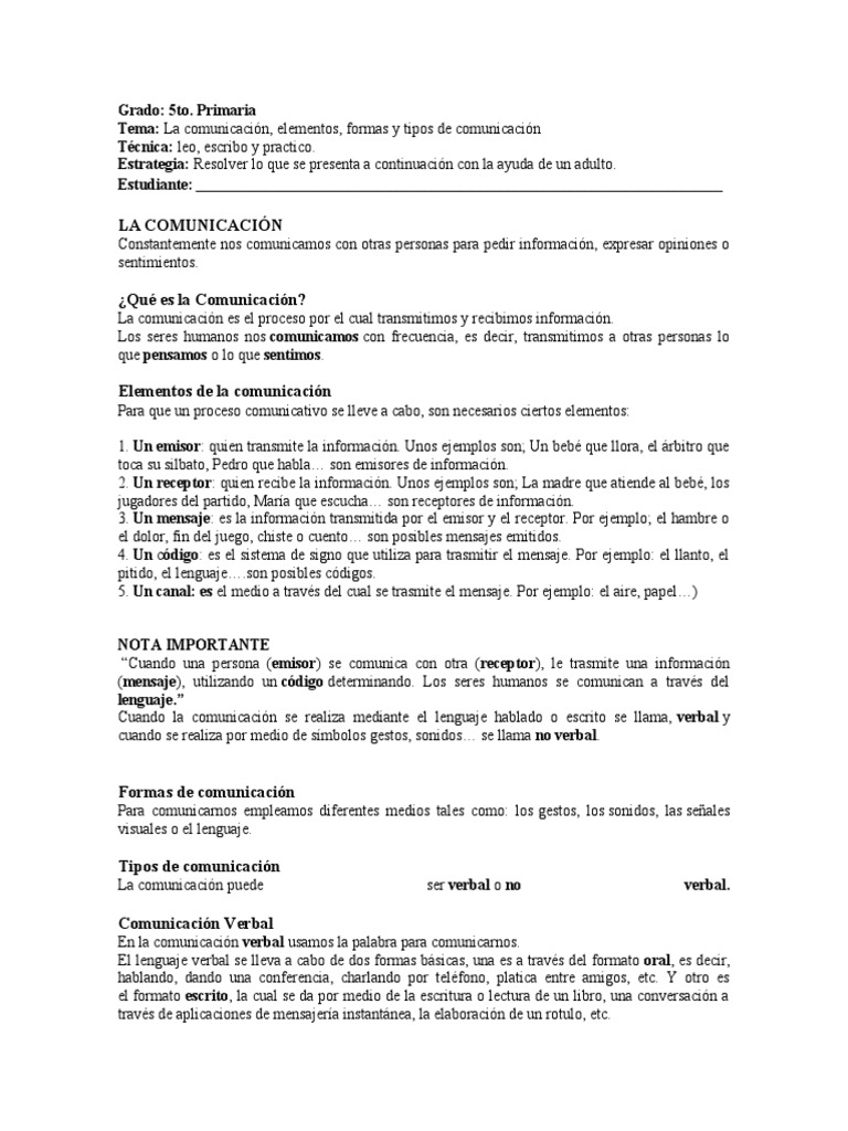Elementos y Tipos de Comunicación 5to Grado | PDF | Comunicación ...
