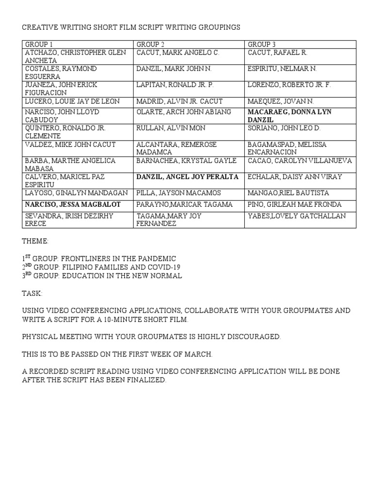 Creative Writing Short Film Script Writing Groupings | PDF | Sports ...