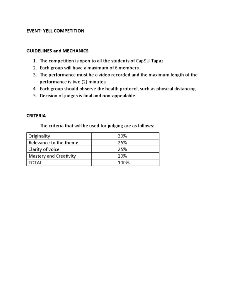 CapSU-Tapaz Yell Competition Guidelines | PDF | Wellness | Science ...