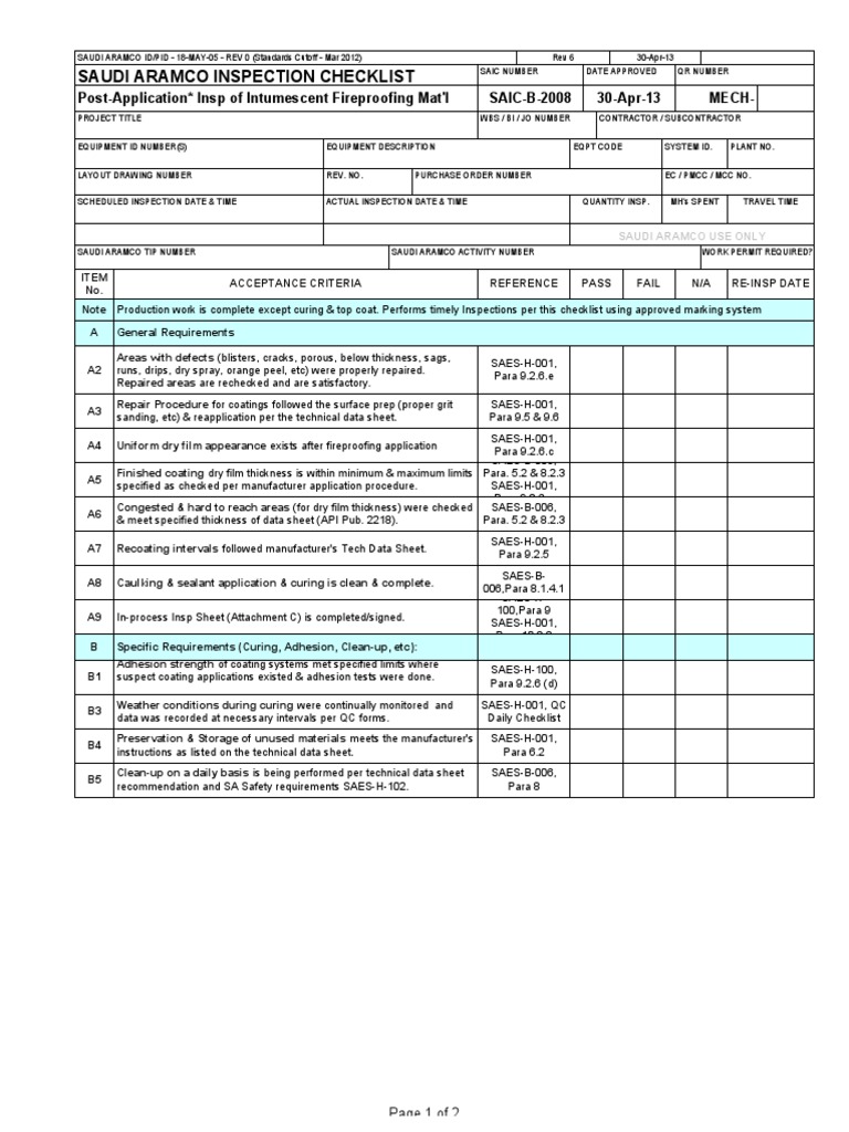 Saudi Aramco Inspection Checklist PostApplication Insp of Intumescent Fireproofing Mat'l SAIC