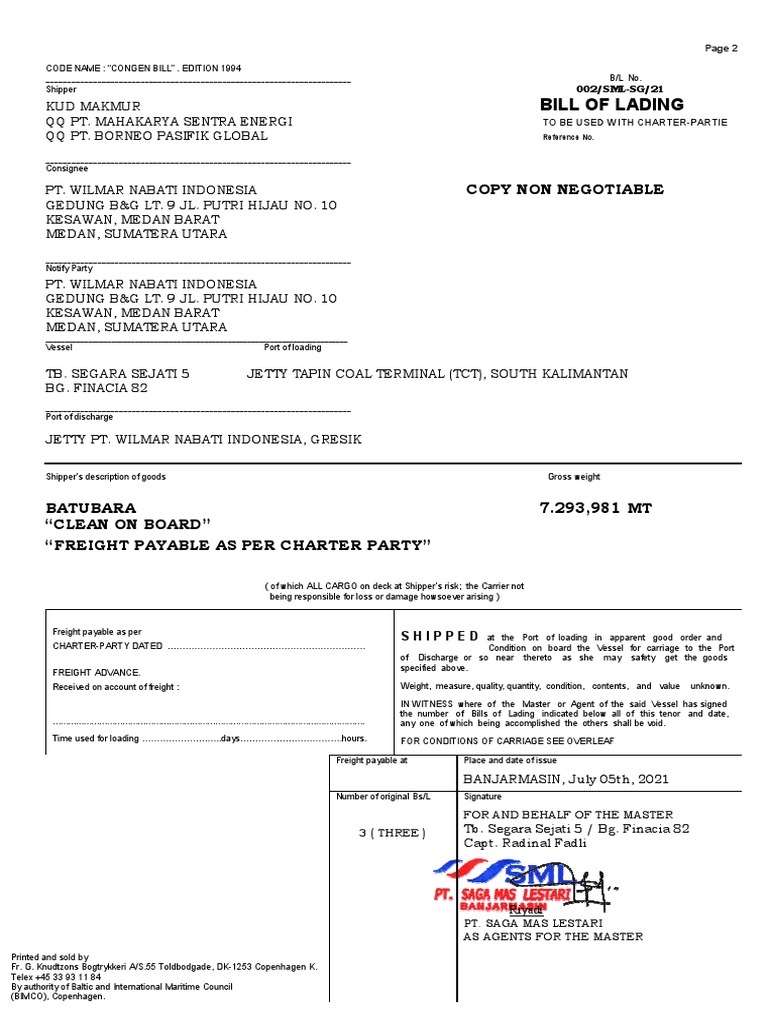 Copy Non Negotiable Bill of Lading PDF Cargo Bill Of Lading
