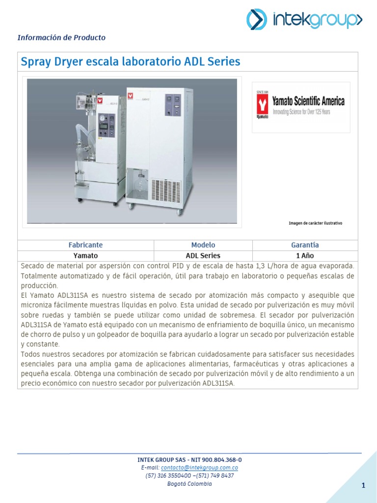 Ficha Spray Dryer Adl Series Yamato PDF Química Ingeniería Química