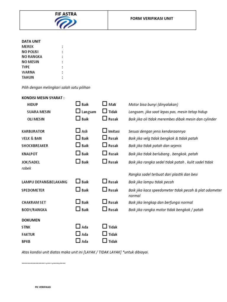 Form Verifikasi Unit FIF Astra | PDF