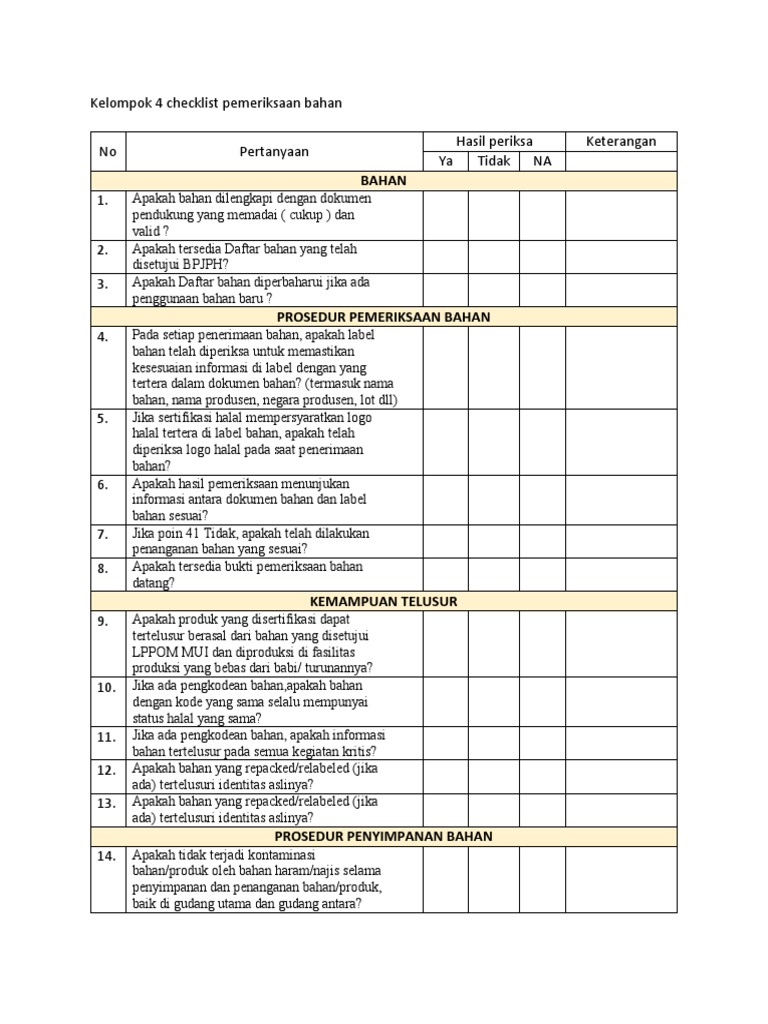 Checklist Pemeriksaan Bahan Halal | PDF