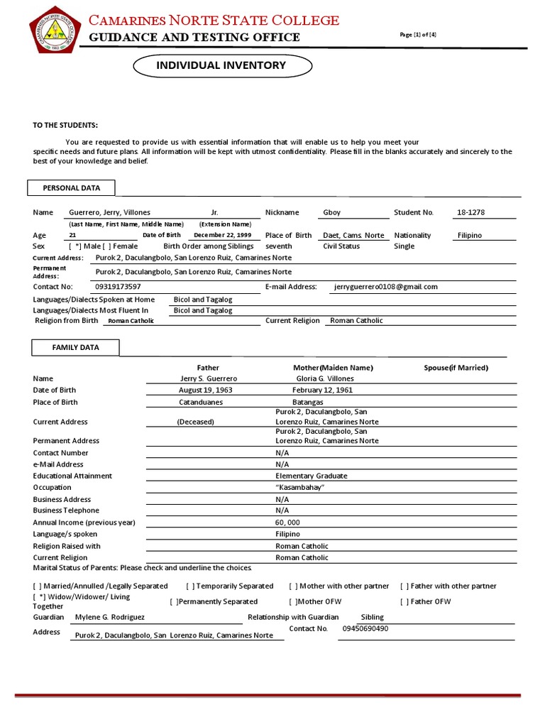 Student Individual Inventory Form | PDF | Tagalog Language