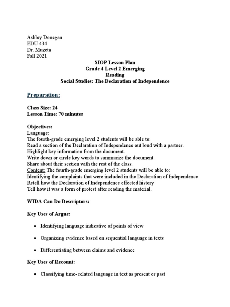 Preparation SIOP Lesson Plan Grade 4 Level 2 Emerging Reading Social