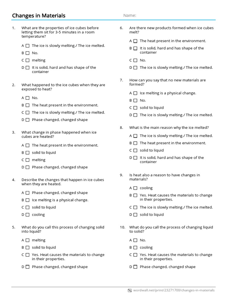 Changes in Materials Worksheet | PDF | Ice | Phase (Matter)