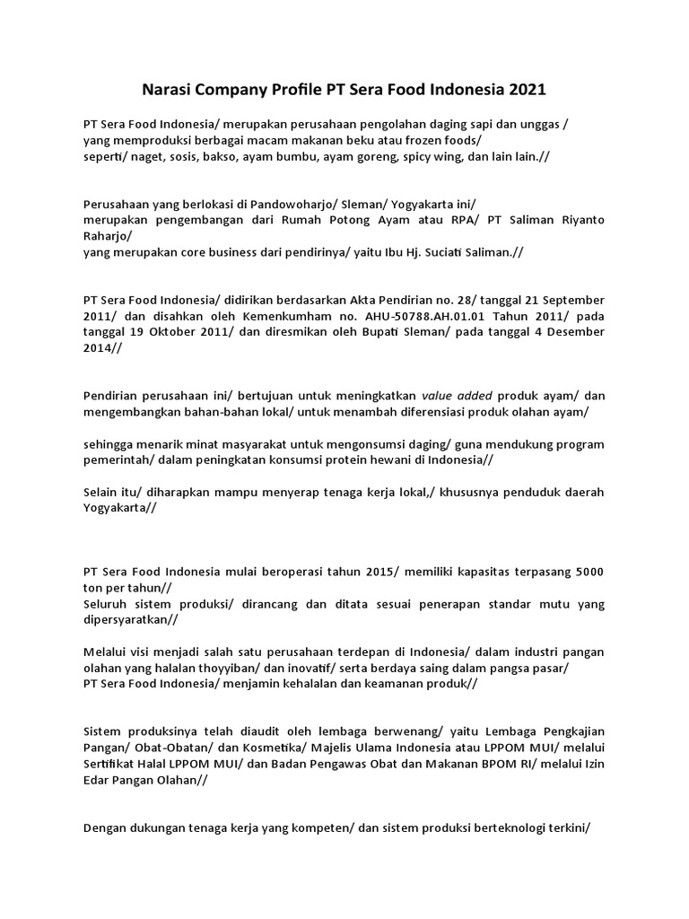 Narasi Company Profile PT Sera Food Indonesia 2021 | PDF