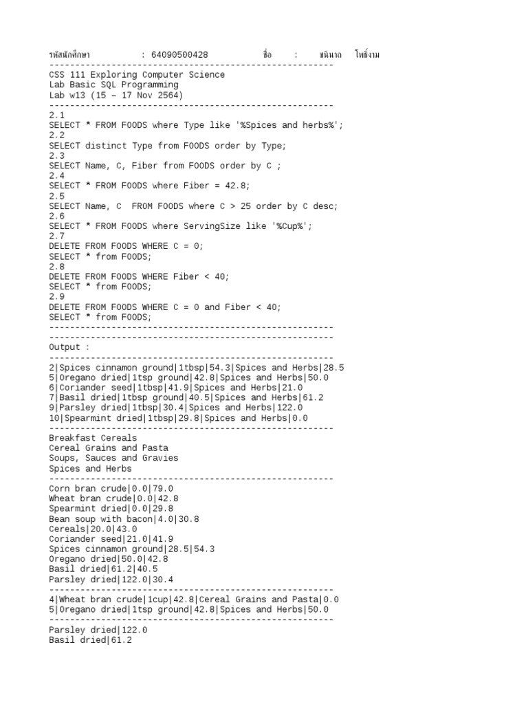 Lab w13 SQL 428 ชนินาถ | PDF | European Cuisine | Regional & Ethnic Food