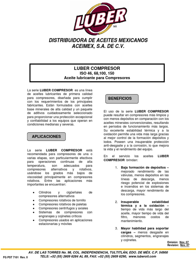 Aceites LUBER COMPRESOR para Equipos | PDF | Lubricante | Química