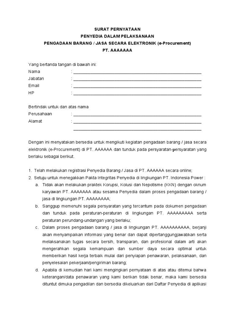 SURAT PERNYATAAN E-Procurement | PDF