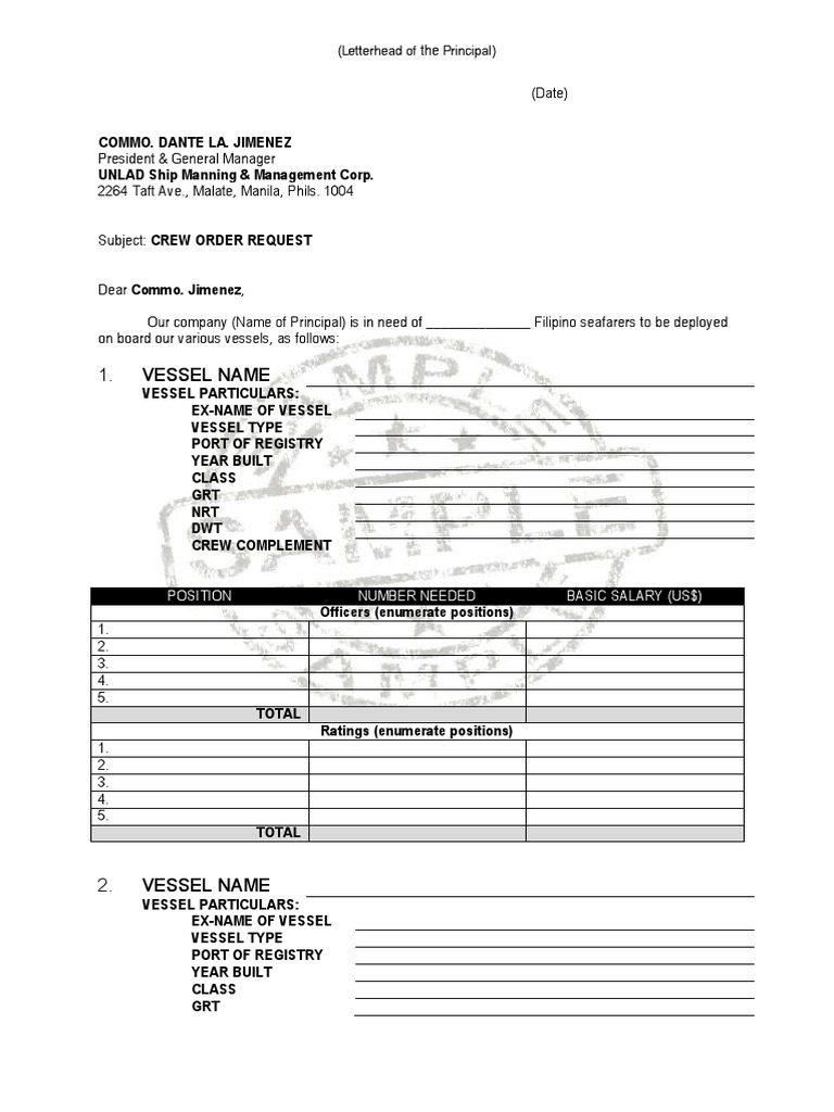 05 UNLAD Sample Crew Order | PDF