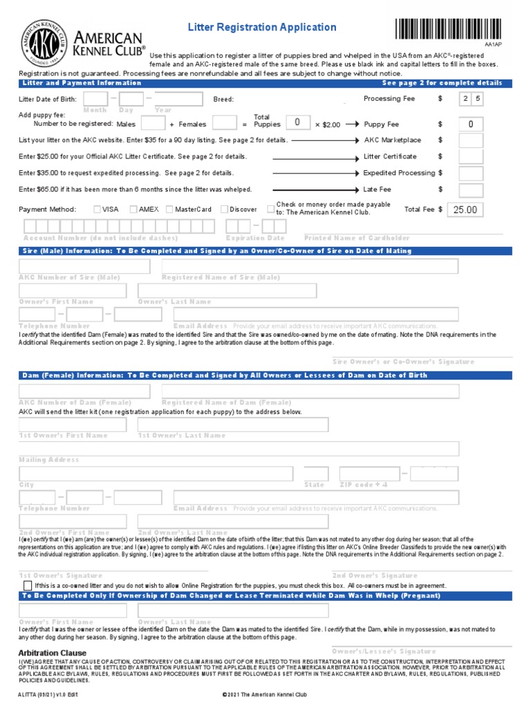 Litter Registration Application PDF American Kennel Club