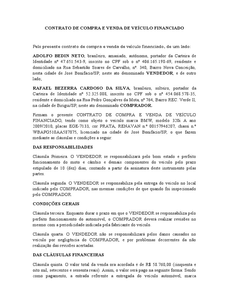 Contrato Compra e Venda de Veiculo Financiado | PDF | Economias