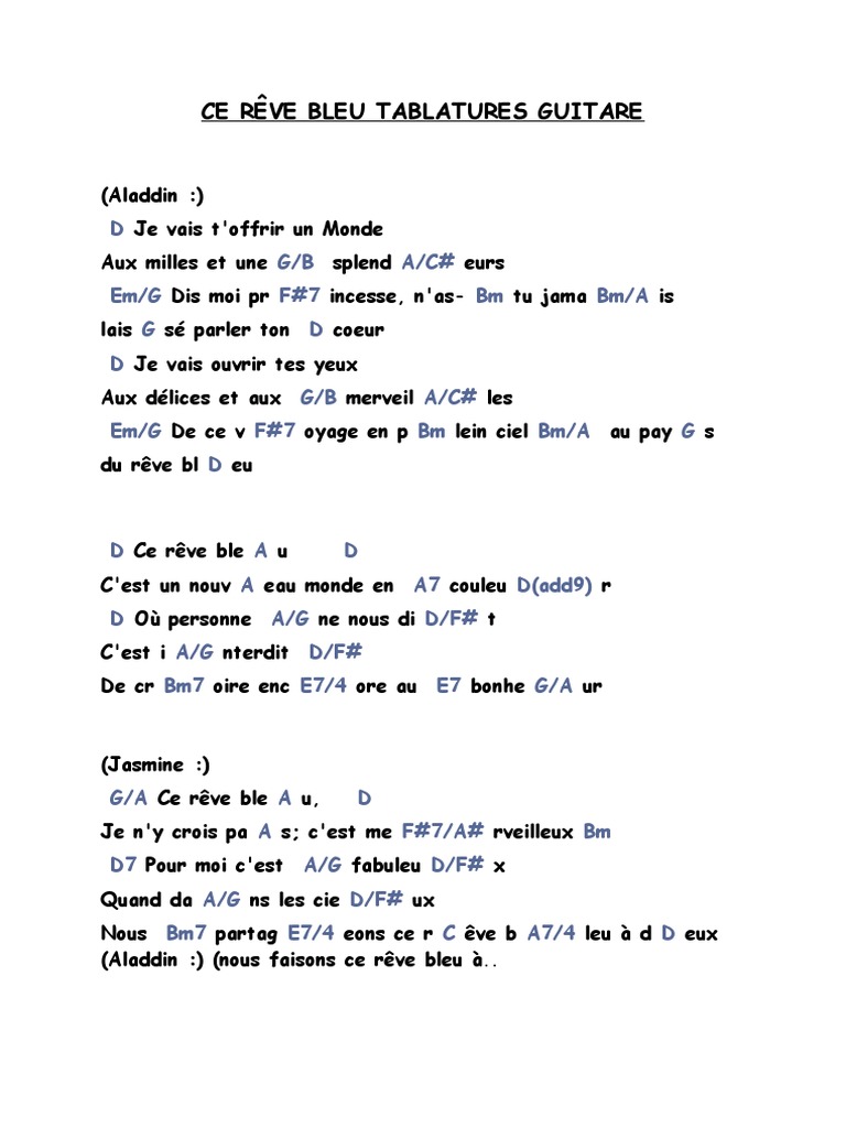 Aladdin Ce Rêve Bleu Paroles Français Ce Rêve Bleu Tablatures Guitare | PDF