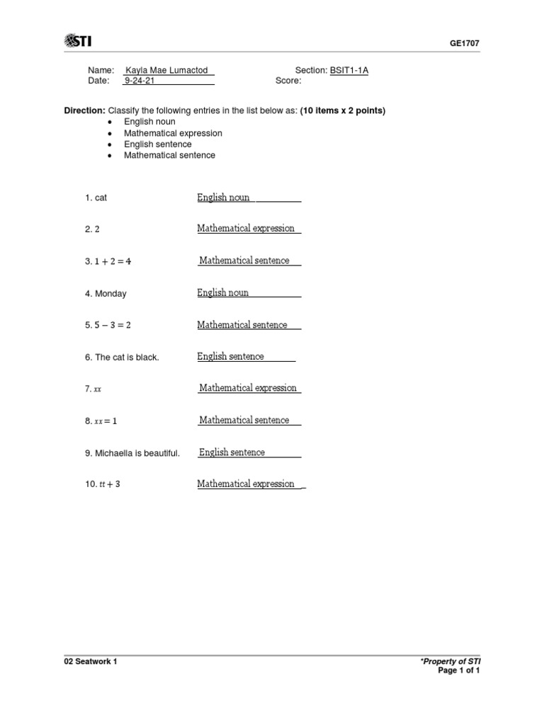 Direction: Classify The Following Entries in The List Below As: (10 ...