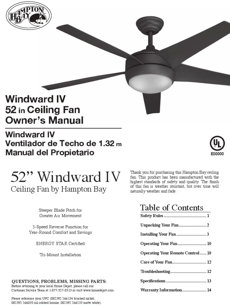 Windward IV 52 Ceiling Fan Owner's Manual PDF Electrical Wiring Screw