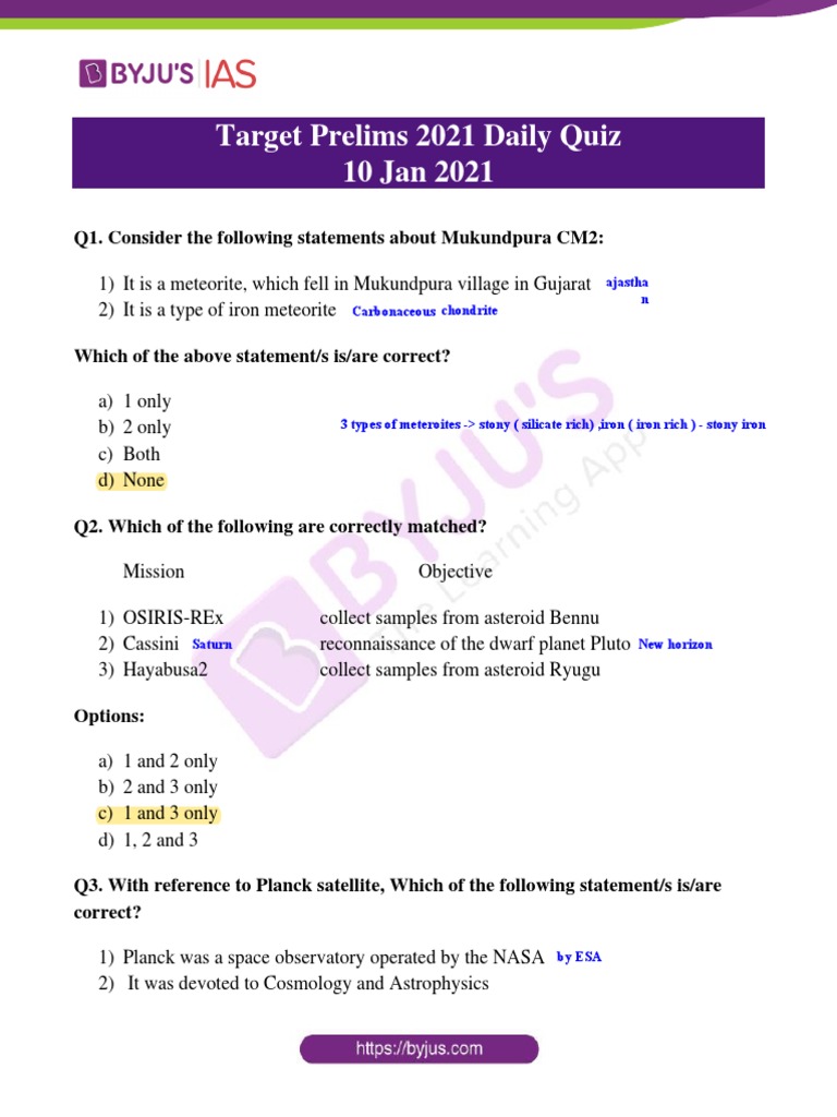 Byjus Ias Daily Quiz 10 Jan 2021 PDF Meteorite Asteroid