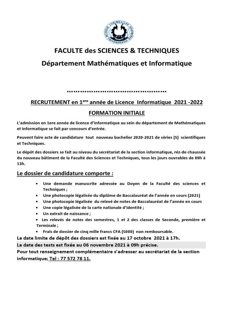 Faculte Des Sciences & Techniques Département Mathématiques Et ...