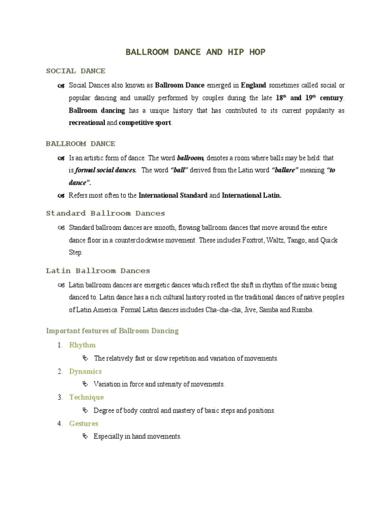 Ballroom and Hip Hop Dance Overview | PDF | Ballroom Dance | Dances