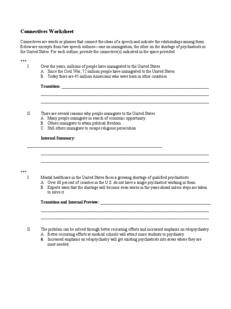Connectives Worksheet Transition PDF