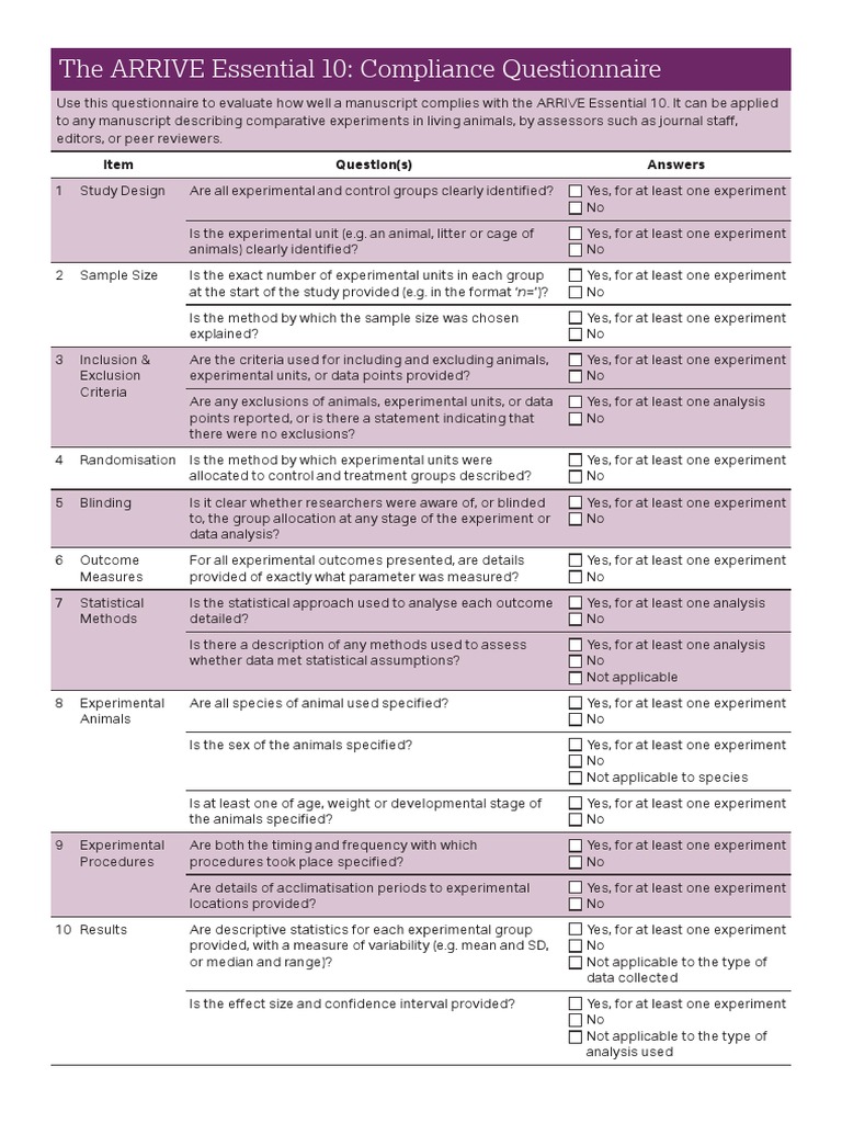 ARRIVE Essential 10 Compliance Checklist | PDF | Statistics | Experiment