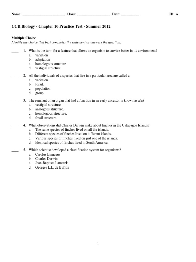 Chapter 10 Evolution Practice Test | PDF | Evolution | Natural Selection