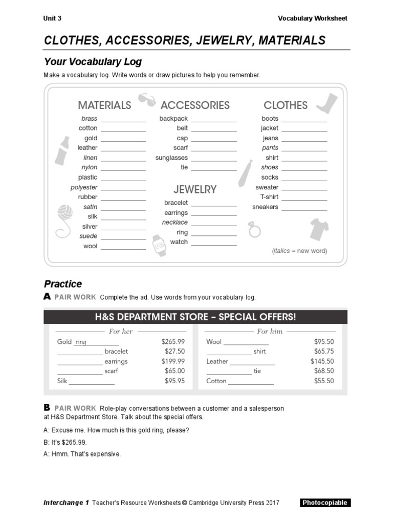 Interchange5thEd Level1 Unit03 Vocabulary Worksheet | PDF | Softlines ...