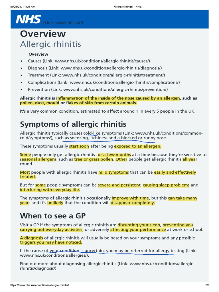Allergic Rhinitis NHS PDF Allergy Allergen