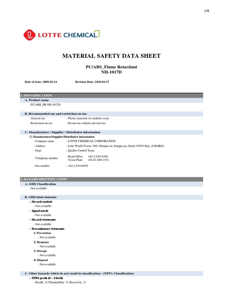 Material Safety Data Sheet PC/ABS Flame Retardant NH1017D PDF