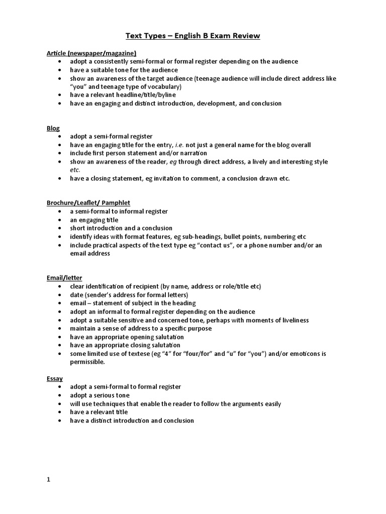 English B Text Types Guidelines | PDF | Essays | Rhetoric