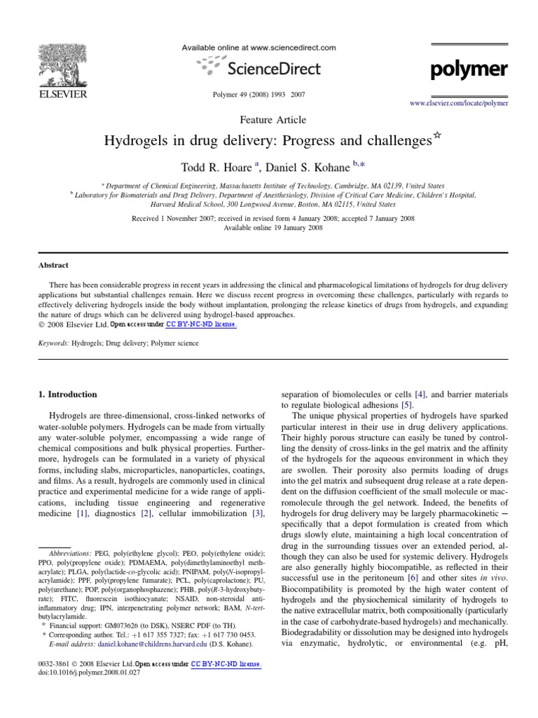 Advances in Hydrogel Drug Delivery | PDF | Gel | Cross Link