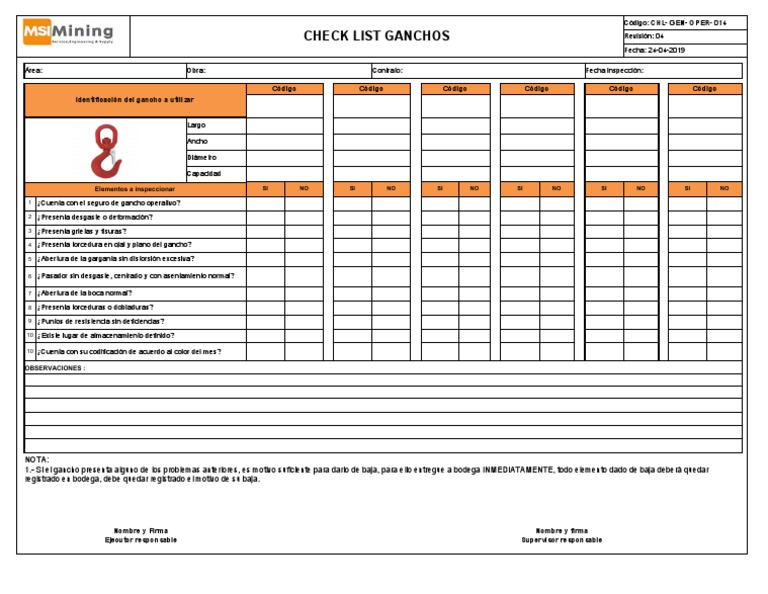 Check List Ganchos | PDF