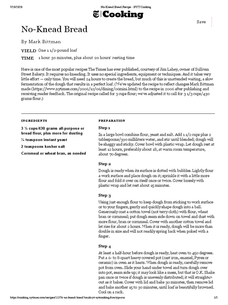 NoKnead Bread Recipe NYT Cooking PDF Breads Flour