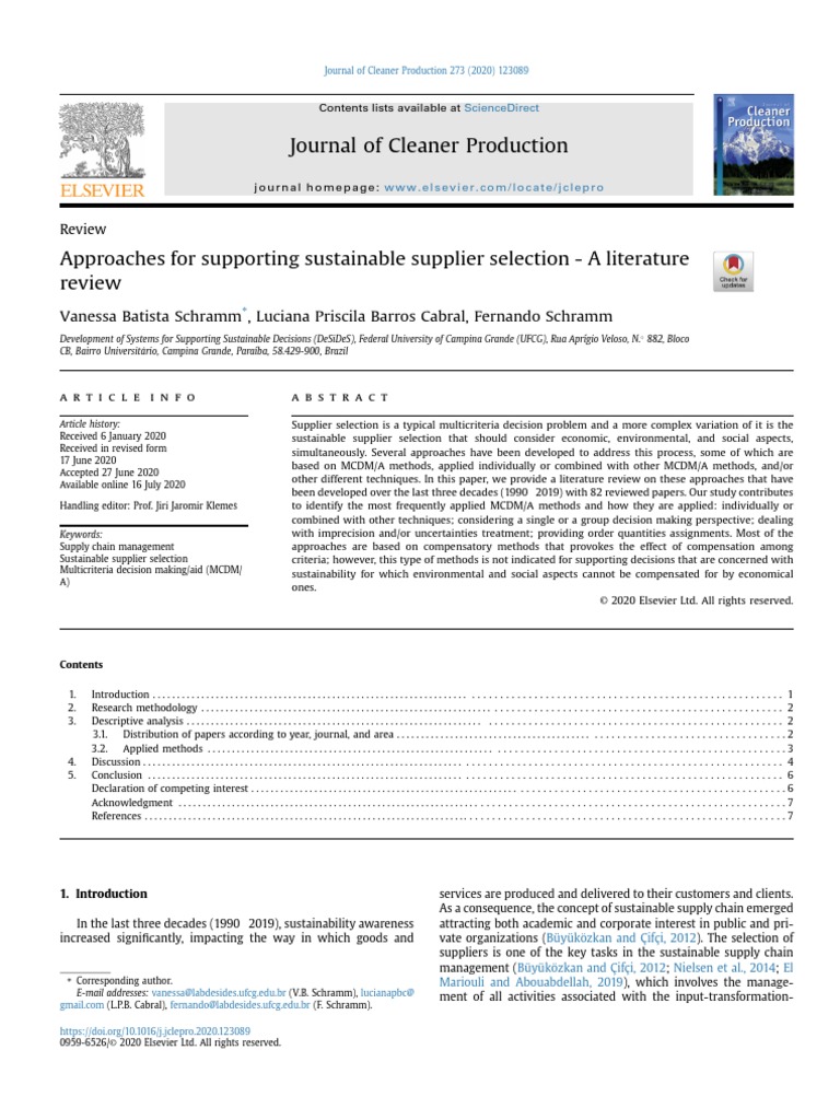 Approaches For Supporting Sustainable Supplier Selection - A Literature ...