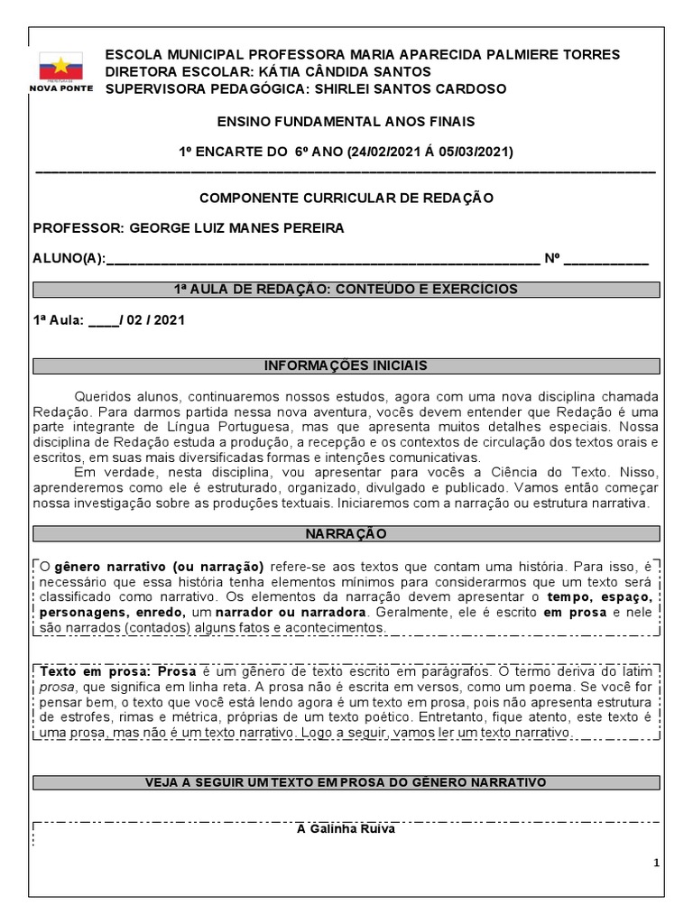 Redação: Introdução à Narração 6º Ano | PDF | Milho | Prosa