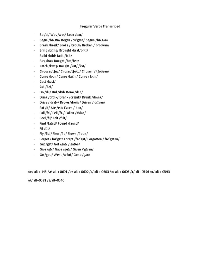 Irregular Verbs Transcribed: Ʊ Ʊ I I I I | PDF