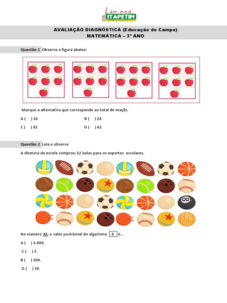 Avaliação Diagnóstica 3º Ano MATEMÁTICA | PDF | Triângulo