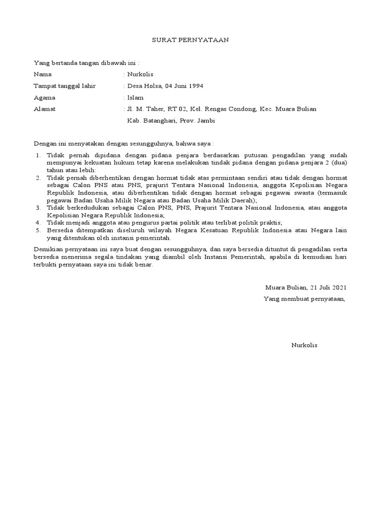 Surat Pernyataan CPNS | PDF