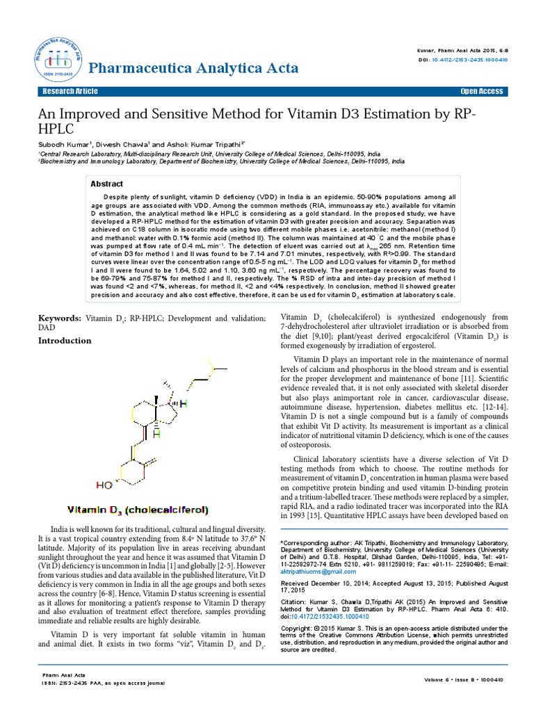 An Improved and Sensitive Method For Vitamin d3 Estimation by RPHPLC
