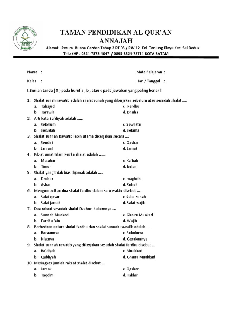 Soal Ujian TPQ untuk Kelas 1-3 | PDF