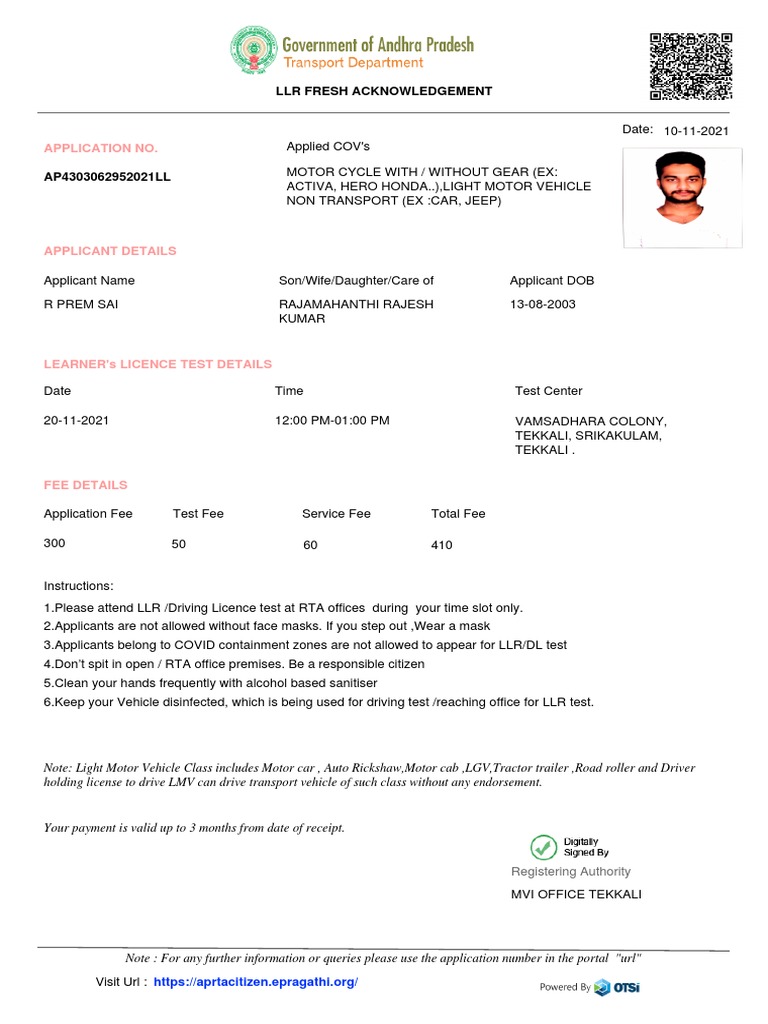 Schedule and Payment Details for R. Prem Sai's Learner's License Test