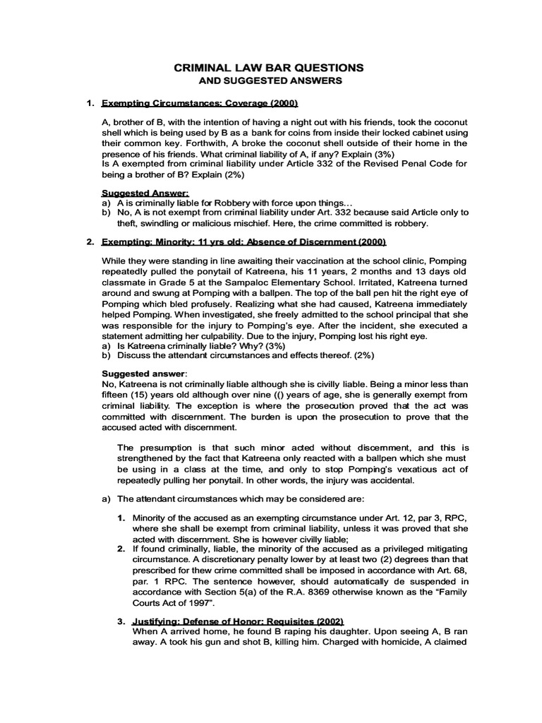 Criminal Law Bar Questions Criminal Law Bar Questions and Suggested